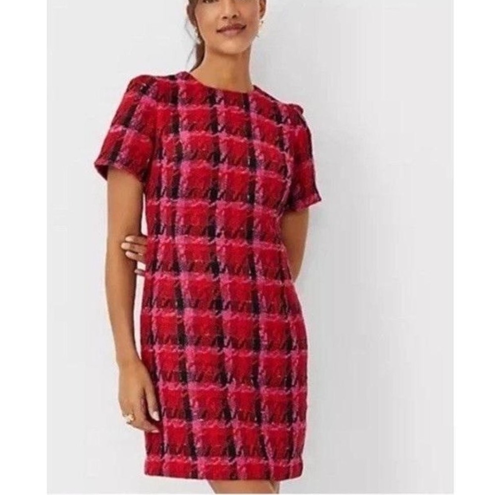 Ann Taylor Red Pink Plaid Tweed Shift Dress 4 Holiday Party Christmas Festive